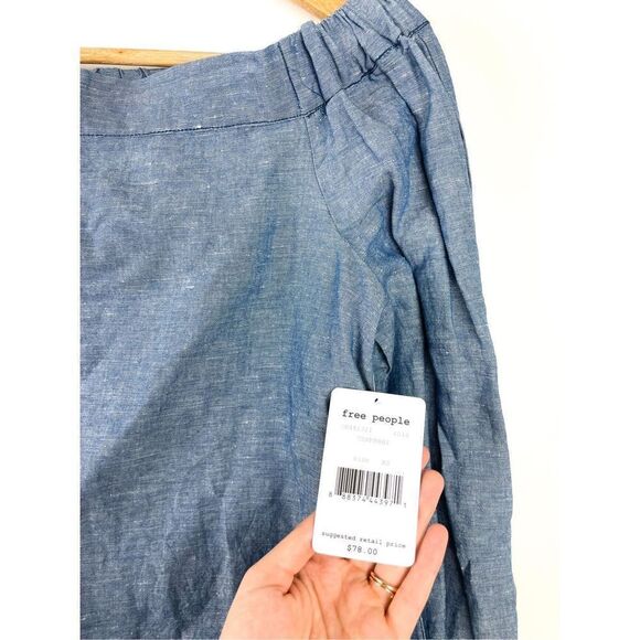 NWT Free People Womens Show Some Shoulder Top Off Shoulder Blue Chambray Top Siz - Picture 3 of 11
